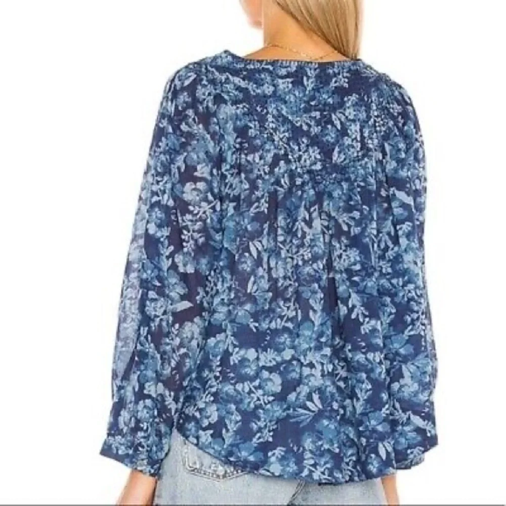 Free People Cool Meadow Blue Floral 100% Cotton Button Front Peasant Blouse XS